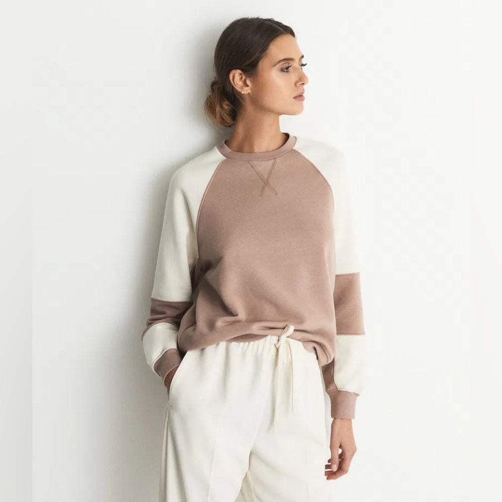 Reiss Betty Color Block Cotton Jersey Sweatshirt Pink White Size S Cozy